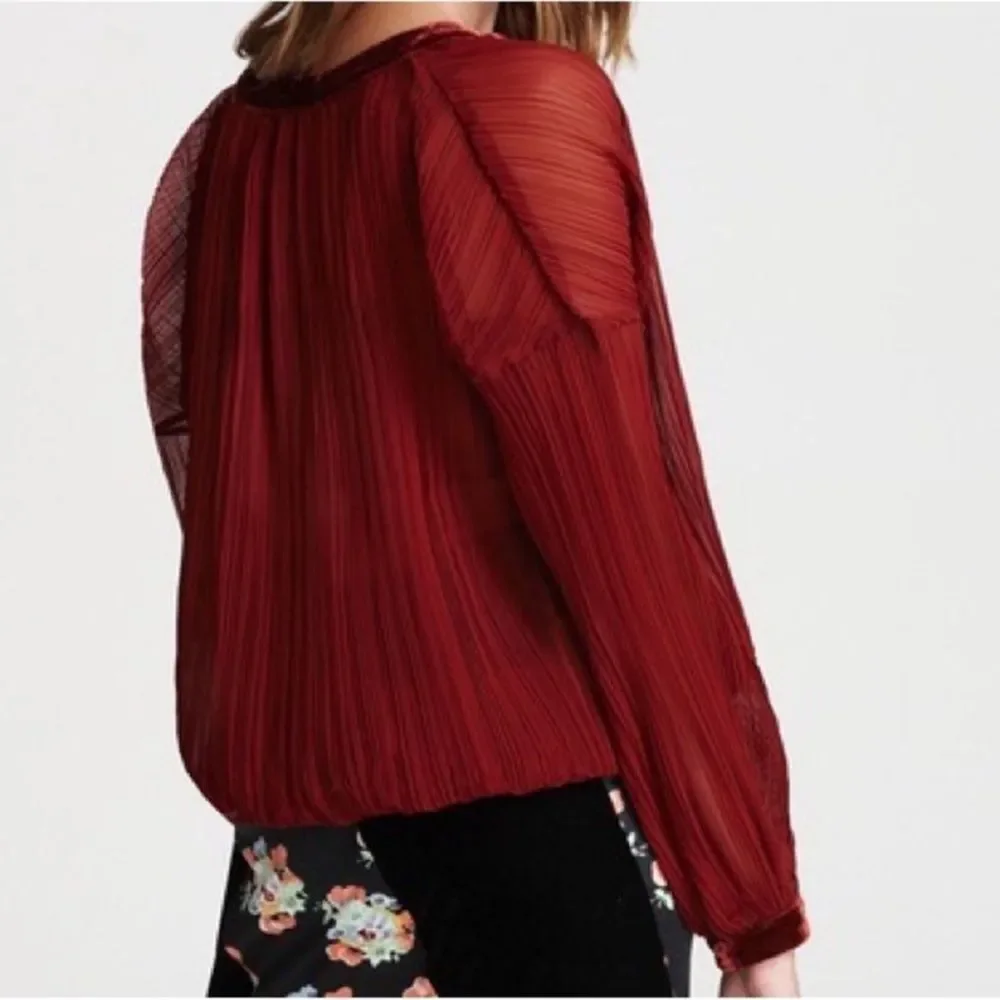 Free People Sheer Peasant Blouse Velvet Brick Red Orange